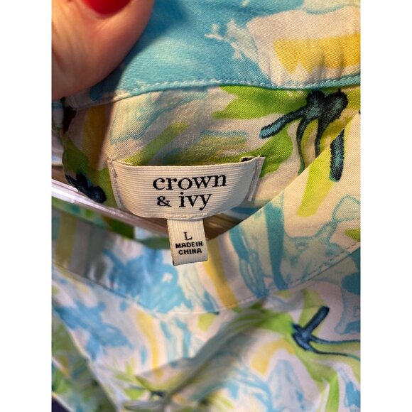 Crown & Ivy Blue Yellow Sleeveless Belted Sheath Long Maxi Dress Sz L - Picture 5 of 8